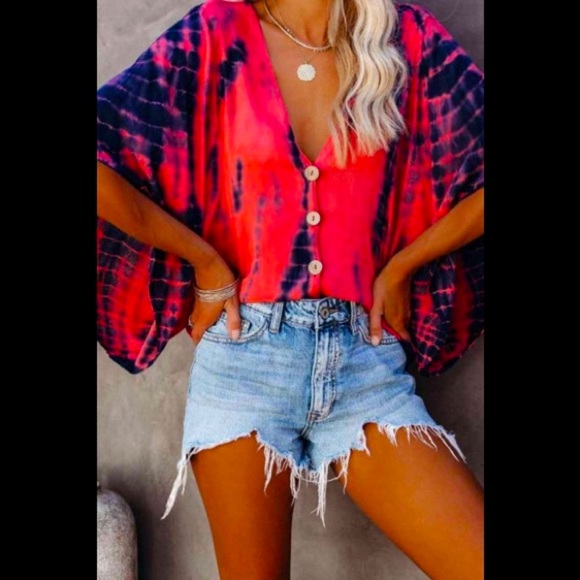 💋Sexy Deep V Neck Tie-dye Coral Red Loose Batwing Half Sleeves Button ⬇️Blouse - Picture 4 of 13